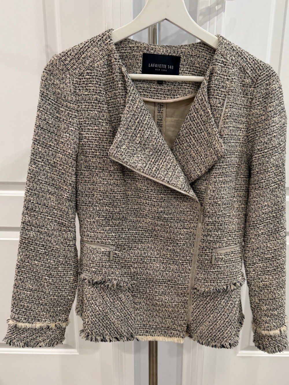 Lafayette 148 New York Tweed Zip Up Fringe Jacket Blazer Sz 2